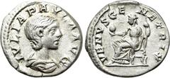 Roman Imperial Coins JULIA PAULA (Augusta, 219-220). Denarius. Rome. Obv: IVLIA PAVLA AVG. Draped bust right. Rev: VENVS GENETRIX. Venus seated left on throne, holding apple and sceptre. RIC 222 (Elag