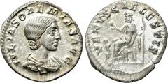 Roman Imperial Coins JULIA SOEMIAS (Augusta, 218-222). Denarius. Rome. Obv: IVLIA SOAEMIAS AVG. Draped bust right. Rev: VENVS CAELESTIS. Venus seated left, holding apple and sceptre; at left, child re