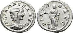 Roman Imperial Coins JULIA MAESA (Augusta, 218-224/5). Denarius. Rome. Obv: IVLIA MAESA AVG. Draped bust right. Rev: PIETAS AVG. Pietas standing left, holding box and dropping incense onto lighted alt