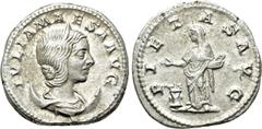 Roman Imperial Coins JULIA MAESA (Augusta, 218-224/5). Antoninianus. Rome. Obv: IVLIA MAESA AVG. Draped bust right, wearing stephane and set upon crescent. Rev: PIETAS AVG. Pietas standing left, holdi