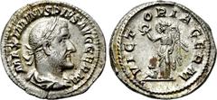 Roman Imperial Coins MAXIMINUS THRAX (235-238). Denarius. Rome. Obv: MAXIMINVS PIVS AVG GERM. Laureate, draped and cuirassed bust right. Rev: VICTORIA GERM. Victory standing left with wreath and palm 
