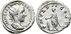 Roman Imperial Coins GORDIAN III (238-244). Antoninianus. Rome. Obv: IMP CAES M ANT GORDIANVS AVG. Radiate, draped and cuirassed bust right. Rev: P M TR P II COS P P. Gordian standing left, holding sc