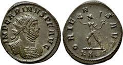 Roman Imperial Coins CARINUS (283-285). Antoninianus. Rome. Obv: IMP CARINVS P F AVG. Radiate and cuirassed bust right. Rev: ORIENS AVG / KA (crescent) S. Sol advancing left, holding whip and raising 