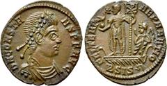 Roman Imperial Coins CONSTANS (337-350). Follis. Siscia. Obv: D N CONSTANS P F AVG. Diademed, draped and cuirassed bust right. Rev: FEL TEMP REPARATIO / B SIS (symbol). Constans standing left in galle