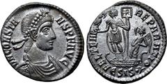Roman Imperial Coins CONSTANS (337-350). Follis. Siscia. Obv: D N CONSTANS P F AVG. Diademed, draped and cuirassed bust right. Rev: FEL TEMP REPARATIO / Є SIS• (symbol). Constans standing left in gall