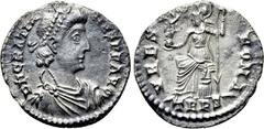 Roman Imperial Coins GRATIAN (367-383). Siliqua. Treveri. Obv: D N GRATIANVS P F AVG. Diademed, draped and cuirassed bust right. Rev: VRBS ROMA / TRPS. Roma seated left on throne, holding victoriola a