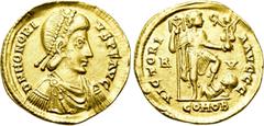 Roman Imperial Coins HONORIUS (393-423). GOLD Solidus. Ravenna. Obv: D N HONORIVS P F AVG. Diademed, draped and cuirassed bust right. Rev: VICTORIA AVGGG / R - V / COMOB. Honorius standing right, with