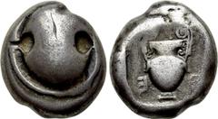 Greek Coins BOEOTIA. Thebes. Stater (Circa 450-440 BC). Obv: Boeotian shield. Rev: Retrograde E - (archaic)Θ. Amphora. BCD Boiotia 374; SNG Copenhagen 267-8; HGC 4, 1312. Rare Condition: Near very fin