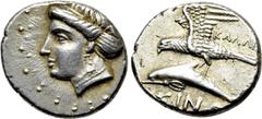 Greek Coins PAPHLAGONIA. Sinope. Drachm (Circa 330-300 BC). Kallia-, magistrate. Obv: Head of nymph left, with hair in sakkos. Rev: KAΛΛIA / ΣINΩ. Sea-eagle standing left, with wings spread, on dolphi