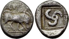 Greek Coins DYNASTS OF LYCIA. Uncertain dynast (Circa 490-430 BC). Stater. Obv: Boar standing right, head lowered. Rev: Triskeles in pelleted square boarder within incuse square. Falghera 70. Conditio