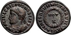 Roman Imperial Coins CRISPUS (Caesar, 316-326). Follis. Thessalonica. Obv: FL IVL CRISPVS NOB CAES. Laureate, draped and cuirassed bust left. Rev: CAESARVM NOSTRORVM / TSΔ VI. VOT X in two lines withi