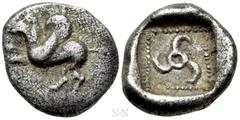 Greek Coins DYNASTS OF LYCIA. Khinakha ? (Circa 470-440 BC). Diobol. Obv: Pegasos rearing left. Rev: Triskeles in dotted square within incuse square. . Condition: Very fine. Weight: 1.29 g. Diameter: 
