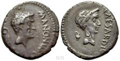 Roman Republican Coins MARK ANTONY with JULIUS CAESAR. Denarius (43 BC). Military mint traveling with Antony in Cisalpine Gaul. Posthumous Caesar issue. Obv: M ANTON IMP R P C. Bare head of Antony rig