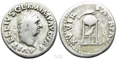 Roman Imperial Coins VITELLIUS (69). Denarius. Rome. Obv: A VITELLIVS GERM IMP AVG TR P. Laureate head right. Rev: XV VIR SACR FAC. Tripod surmounted by dolphin right; below, raven right. RIC² 109. Co