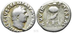 Roman Imperial Coins VITELLIUS (69). Denarius. Rome. Obv: A VITELLIVS GERM IMP AVG TR P. Laureate head right. Rev: XV VIR SACR FAC. Tripod surmounted by dolphin right; below, raven right. RIC² 109. Co