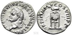 Roman Imperial Coins TITUS (79-81). Denarius. Rome. Obv: IMP TITVS CAES VESPASIAN AVG P M. Laureate head left. Rev: TR P IX IMP XV COS VIII P P. Filleted tripod surmounted by dolphin right. RIC² 129. 