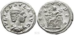 Roman Imperial Coins JULIA PAULA (Augusta, 219-220). Denarius. Rome. Obv: IVLIA PAVLA AVG. Draped bust right. Rev: CONCORDIA. Concordia seated left on throne, holding patera; star to left. RIC 211 (El