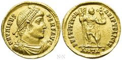 Roman Imperial Coins VALENS (364-378). GOLD Solidus. Antioch. Obv: D N VALENS PER F AVG. Diademed, draped and cuirassed bust right. Rev: RESTITVTOR REIPVBLICAE / ANTA•. Emperor standing facing, head r