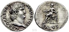 Roman Imperial Coins NERO (54-68). Denarius. Rome. Obv: NERO CAESAR AVGVSTVS. Laureate head right. Rev: SALVS. Salus seated left on ornamented throne, holding patera. RIC² 60. In AD 65, a group of con