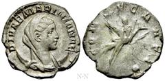 Roman Imperial Coins DIVA MARINIANA (Died before 253). Antoninianus. Rome. Obv: DIVAE MARINIANAE. Veiled and draped bust right, set upon crescent. Rev: CONSECRATIO. Mariniana, raising hand and holding