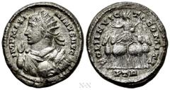 Roman Imperial Coins MAXIMINUS DAIA (310-313). BI Argenteus. Treveri. Obv: IMP MAXIMINVS AVG. Radiate, draped and cuirassed bust left, raising hand and holding globus. Rev: SOLI INVICTO COMITI / PTR. 