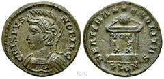Roman Imperial Coins CRISPUS (Caesar, 316-326). Follis. Londinium. Obv: CRISPVS NOBIL C. Helmeted and cuirassed bust left. Rev: BEAT TRANQLITAS / P LON. Altar surmounted by globe and inscribed VOT / I