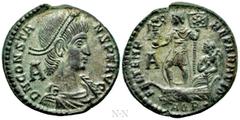 Roman Imperial Coins CONSTANS (337-350). Ae. Aquileia. Obv: D N CONSTANS P F AVG. Diademed, draped and cuirassed bust right; A behind. Rev: FEL TEMP REPARATIO / A / AQP•. Constans standing left in gal