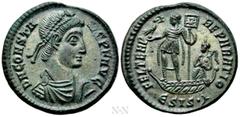 Roman Imperial Coins CONSTANS (337-350). Follis. Siscia. Obv: D N CONSTANS P F AVG. Diademed, draped and cuirassed bust right. Rev: FEL TEMP REPARATIO / Є SIS• (symbol). Constans standing left in gall
