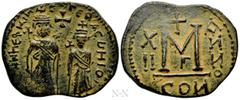 Byzantine Coins HERACLIUS, with HERACLIUS CONSTANTINE (610-641). Follis. Contemporary imitation of Constantinople. Dated RY 12 (620/1). Obv: Heraclius and Heraclius Constantine standing facing, each c