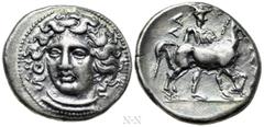 Greek Coins THESSALY. Larissa. Drachm (Circa 380-365 BC). Obv: Head of the nymph Larissa facing slightly left, wearing ampyx, earring and necklace. Rev: ΛΑΡΙΣAIΩΝ. Thessalos, wearing petasos, preparin