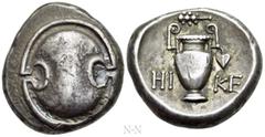 Greek Coins BOEOTIA. Thebes. Stater (Circa 390-382 BC). Hike-, magistrate. Obv: Boeotian shield. Rev: HI - KE. Amphora with ivy-leaf hanging from right handle; above, club left. BCD Boiotia 486b; HGC 