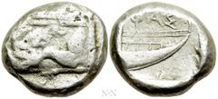 Greek Coins LYCIA. Phaselis. Stater (Circa 500-440 BC). Obv: Prow of galley left in the form of forepart of boar. Rev: ΦΑΣ. Stern of galley right within incuse square. Heipp-Tamer Series 4; SNG Copenh
