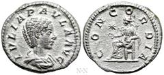Roman Imperial Coins JULIA PAULA (Augusta, 219-220). Denarius. Rome. Obv: IVLIA PAVLA AVG. Draped bust right. Rev: CONCORDIA. Concordia seated left on throne, holding patera; star to left. RIC 211 (El