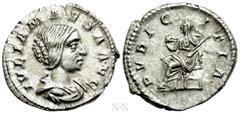 Roman Imperial Coins JULIA MAESA (Augusta, 218-224/5). Denarius. Rome. Obv: IVLIA MAESA AVG. Draped bust right. Rev: PVDICITIA. Pudicitia seated left on throne, drawing veil from face and holding scep