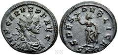 Roman Imperial Coins CARUS (282-283). Antoninianus. Ticinum. Obv: IMP CARVS P F AVG. Radiate, draped and cuirassed bust right. Rev: SPES PVBLICA / SXXI. Spes advancing left, holding flower and lifting