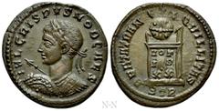 Roman Imperial Coins CRISPUS (Caesar, 316-326). Follis. Treveri. Obv: IVL CRISPVS NOB CAES. Laureate and cuirassed bust left, holding shield and spear pointing forward. Rev: BEATA TRANQVILLITAS / S TR