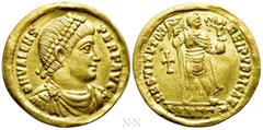 Roman Imperial Coins VALENS (364-378). GOLD Solidus. Antioch. Obv: D N VALENS PER F AVG. Diademed, draped and cuirassed bust right. Rev: RESTITVTOR REIPVBLICAE / (star)ANTΓ(star). Valentinian standing