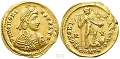 Roman Imperial Coins HONORIUS (393-423). GOLD Solidus. Ravenna. Obv: D N HONORIVS P F AVG. Diademed, draped and cuirassed bust right. Rev: VICTORIA AVGGG / R - V / COMOB. Honorius standing right, with