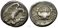Greek Coins SICILY. Akragas. Hemidrachm (Circa 420-410 BC). Obv: Eagle standing right, clutching hare in its talons. Rev: AKRA. Crab; below, fish right. Westermark 573; HGC 2, 105. Condition: Very fin