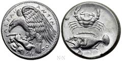 Greek Coins SICILY. Akragas. Tin Tetradrachm made by K. W. Becker (1772-1830). Obv: AKPAΓANTINON. Eagle standing left, devouring hare. placed on rock with shells. Rev: Crab; below, fish left. Hill, Be
