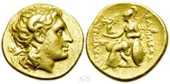 Greek Coins KINGS OF THRACE (Macedonian). Lysimachos (305-281 BC). GOLD Stater. Pella. Obv: Diademed head of the deified Alexander right, with horn of Ammon. Rev: ΒΑΣΙΛΕΩΣ / ΛΥΣΙΜΑΧΟΥ. Athena seated l