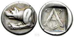 Greek Coins ARGOLIS. Argos. Hemidrachm (Circa 330-270 BC). Obv: Forepart of wolf at bay left. Rev: Large A; A-P across upper field, crescent below; all within shallow square incuse. BCD Peloponnesos 1