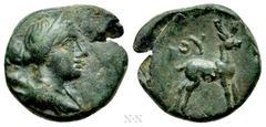 Greek Coins LYCIA. Bubon. Ae (2nd-1st centuries BC). Obv: Draped bust of Artemis right, quiver over shoulder. Rev: BOY. Stag standing right. SNG von Aulock 4286; Lindgren III, 626. Condition: Very fin