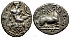 Greek Coins CYPRUS. Salamis. Evagoras I (Circa 411-374 BC). 1/3 Stater - Tetrobol. Obv: Herakles seated right on rocks, holding club and cornucopia; Cypriot legend around. Rev: Goat kneeling right; Cy
