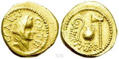 Roman Republican Coins JULIUS CAESAR. Aureus (46 BC). Rome mint. A. Hirtius, praetor. Obv: C CAESAR COS TER. Veiled female head (Vesta or Pietas ?) right. Rev: A HIRTIVS PR. Emblems of the augurate an