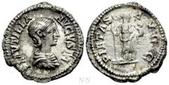Roman Imperial Coins PLAUTILLA (Augusta, 202-205). Denarius. Rome. Obv: PLAVTILLA AVGVSTA. Draped bust right. Rev: PIETAS AVGG. Pietas standing right, holding sceptre and infant. RIC 367 (Caracalla). 