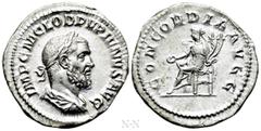 Roman Imperial Coins PUPIENUS (238). Denarius. Rome. Obv: IMP C M CLOD PVPIENVS AVG. Laureate, draped and cuirassed bust right. Rev: CONCORDIA AVGG. Concordia seated left on throne, holding patera and