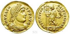 Roman Imperial Coins VALENS (364-378). GOLD Solidus. Heraclea. Obv: D N VALENS P F AVG. Diademed, draped and cuirassed bust right. Rev: RESTITVTOR REIPVBLICAE / SMHA. Emperor standing facing, head rig