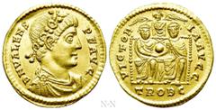 Roman Imperial Coins VALENS (364-378). GOLD Solidus. Treveri. Obv: D N VALENS P F AVG. Rosette-diademed, draped and cuirassed bust right. Rev: VICTORIA AVGG / TROBC. Valentinian I and Valens enthroned