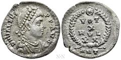 Roman Imperial Coins VALENS (364-378). Siliqua. Antioch. Obv: D N VALENS P F AVG. Diademed, draped and cuirassed bust right. Rev: VOT / X / MVL / XX / ANT. Legend in four lines within wreath. RIC 33c.